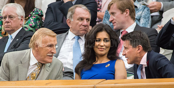 Wimbledon Tennis 27.06.2012. Sir Bruce Forsyth, watching the match with his wife Wilnelia, chats to Lord Seb Coe.