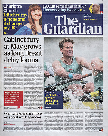 Front page, The Guardian, 8 April 2019.